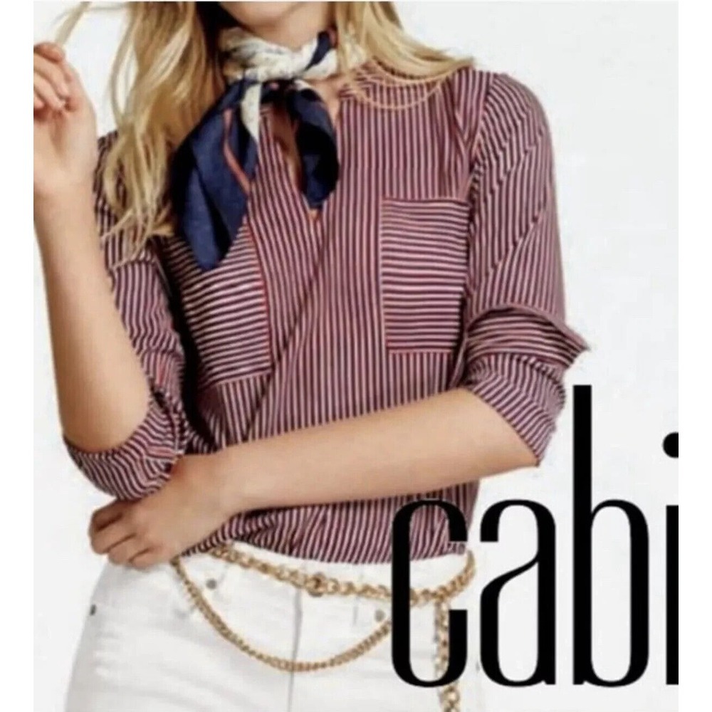 Cabi 5335 Red Striped Franklin Popover Long Sleeve Career Blouse Size Medium